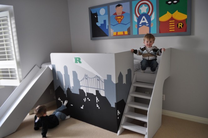 baby superman-batman-robin-and-captain-america-theme-kids-bunk-bed-design-with-stairs
