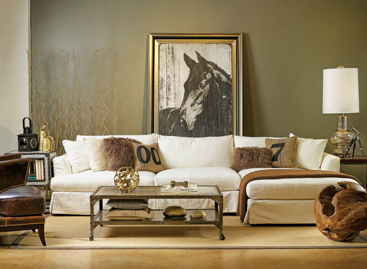 living room industrial chic countryside-chic-parete color fando tavolino industriale bianco pelle e tappeto