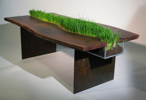 complementi tavolo di emily wettstein in legno di noce e acciaio corten attraversato da un vaso