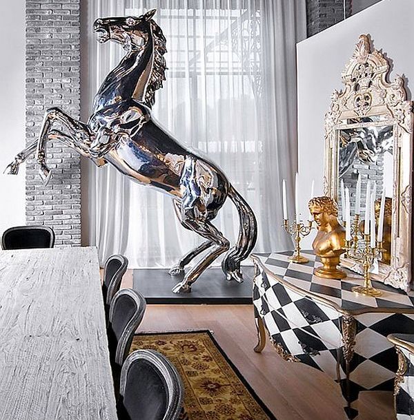 cavallo Great-Horse-Statue-and-checkered-Black-and-White-Wooden-Cabinet
