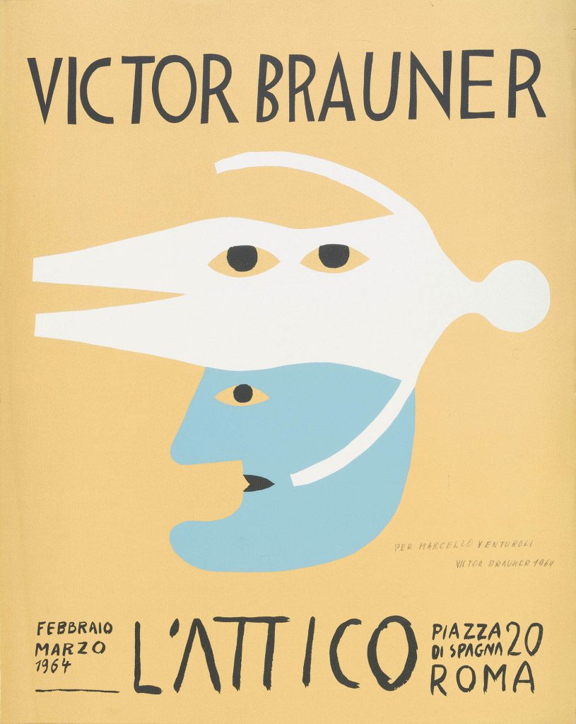 Manifesto per l'Attico del 1964 di Victor Brauner. Stampa offsett 63x50cm con dedica firmata a Marcello Venturali