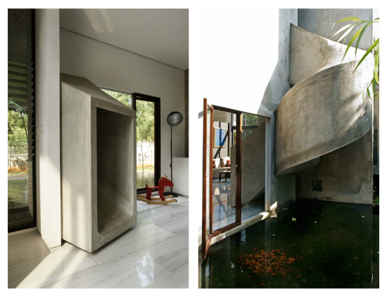 parco giochi scivolo a spirale di cemento armato collega la camera dei biombi con la cucina al primo piano Play House a Jakarta, Indonesia. Progetto degli arch. indonesiani aboday