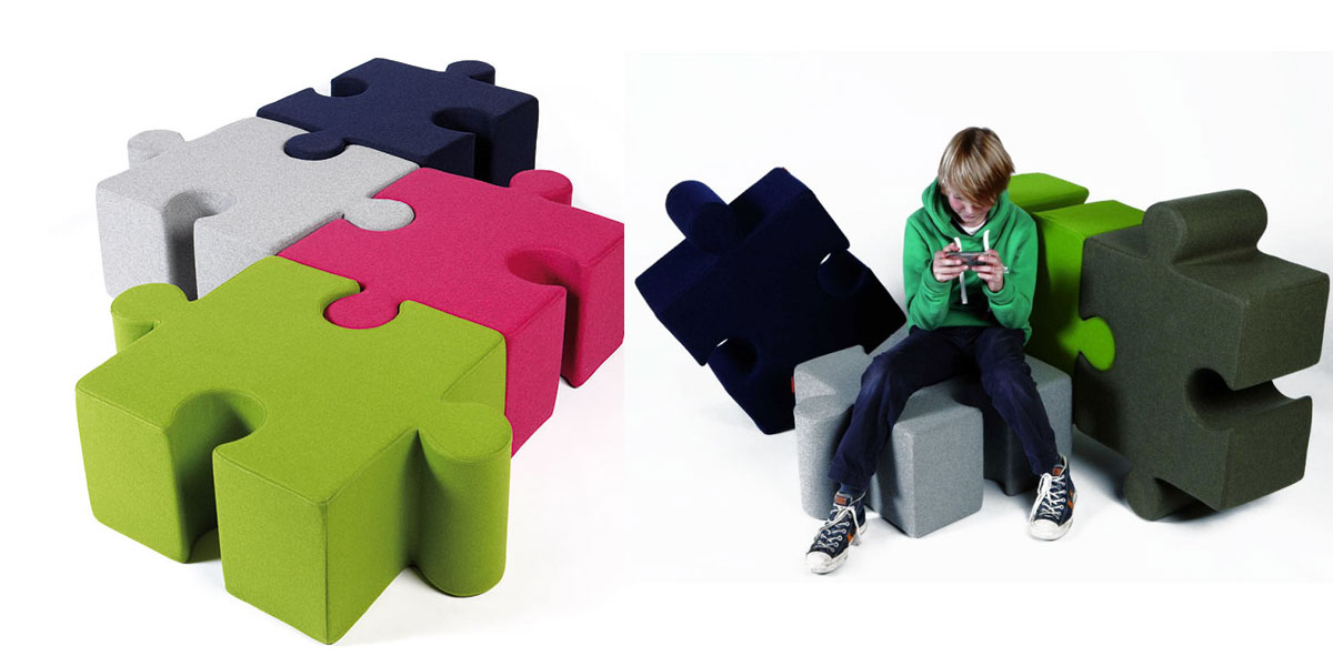 Pouf a forma di Puzzle rivestito in feltro, con la doppia funzione di seduta e di isolamento acustico. Componili come vuoi per creare una seduta senza limiti di grandezza per buzzi space