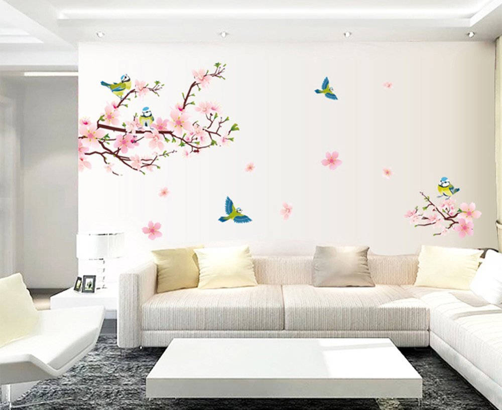 .amazon ufengke® Bella Fiori di Pesco Simpatici Uccelli Gazza Adesivi Murali, Camera da Letto Soggiorno Adesivi da Parete Removibili Stickers Murali Decorazione Murale