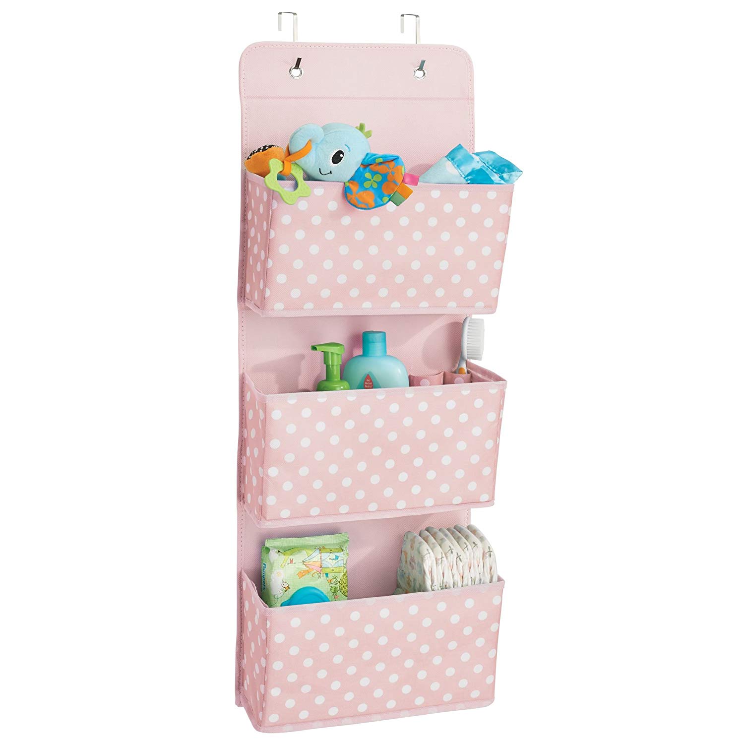 .amazon mDesign Portaoggetti bagno da appendere con design a pois – Porta borse con tre tasche – Tasche portagiochi e porta accessori per bimbi in fibra sintetica – rosa bianco