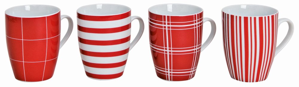 .amazon Wurm KG Tazze 10 cm, ø8cm, 300 ml, Set di 4 Caffè tazze, 4 pz rosso-bianco, a righe e a quadretti  Tazza da caffè