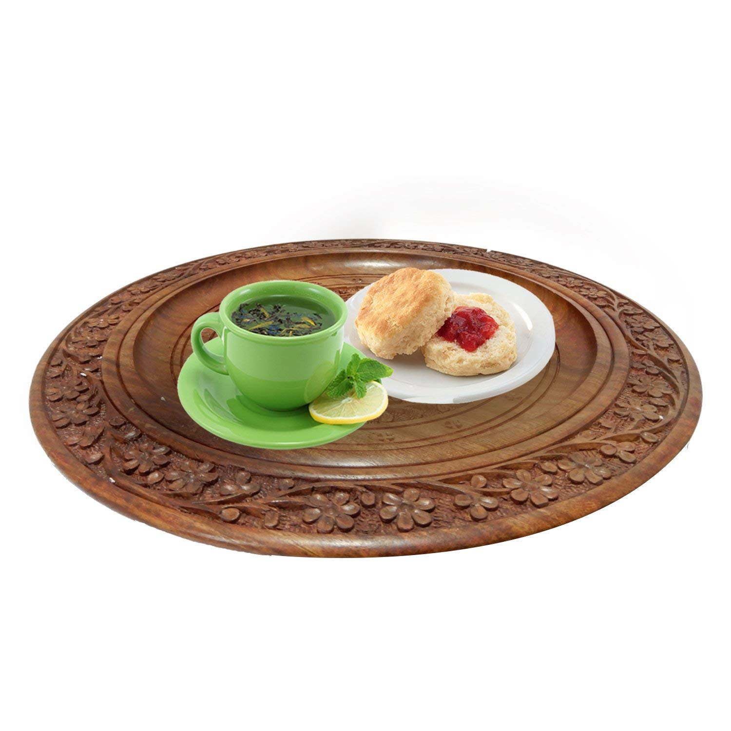 .amazon 12 X 12 pollici intagliato a mano in legno bellissimo piatto rotondo da portata, vassoio da cucina con design floreale e intarsi in ottone intagliato perfetto per servire cibo, bevande fredde