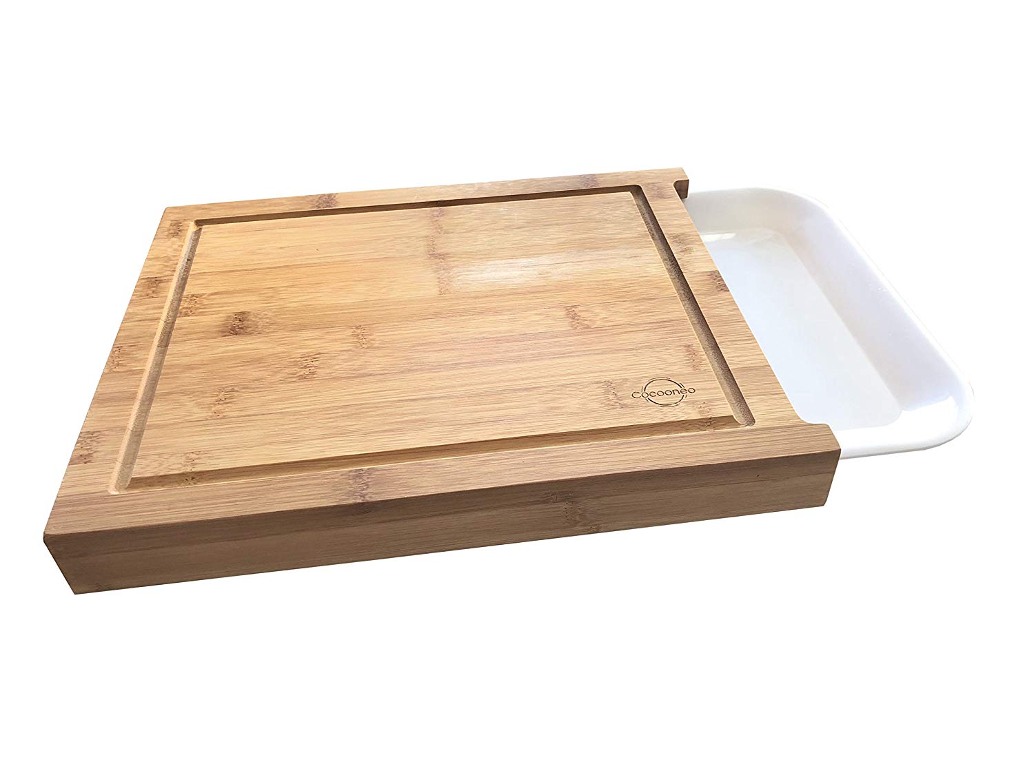 .amazon Cocooneo Tagliere in bambù 100% organico con contenitore – 34x27x4cm – scanalature per succo – Vassoio rimovibile in melamina bianca – Design elegante e facile da pulire