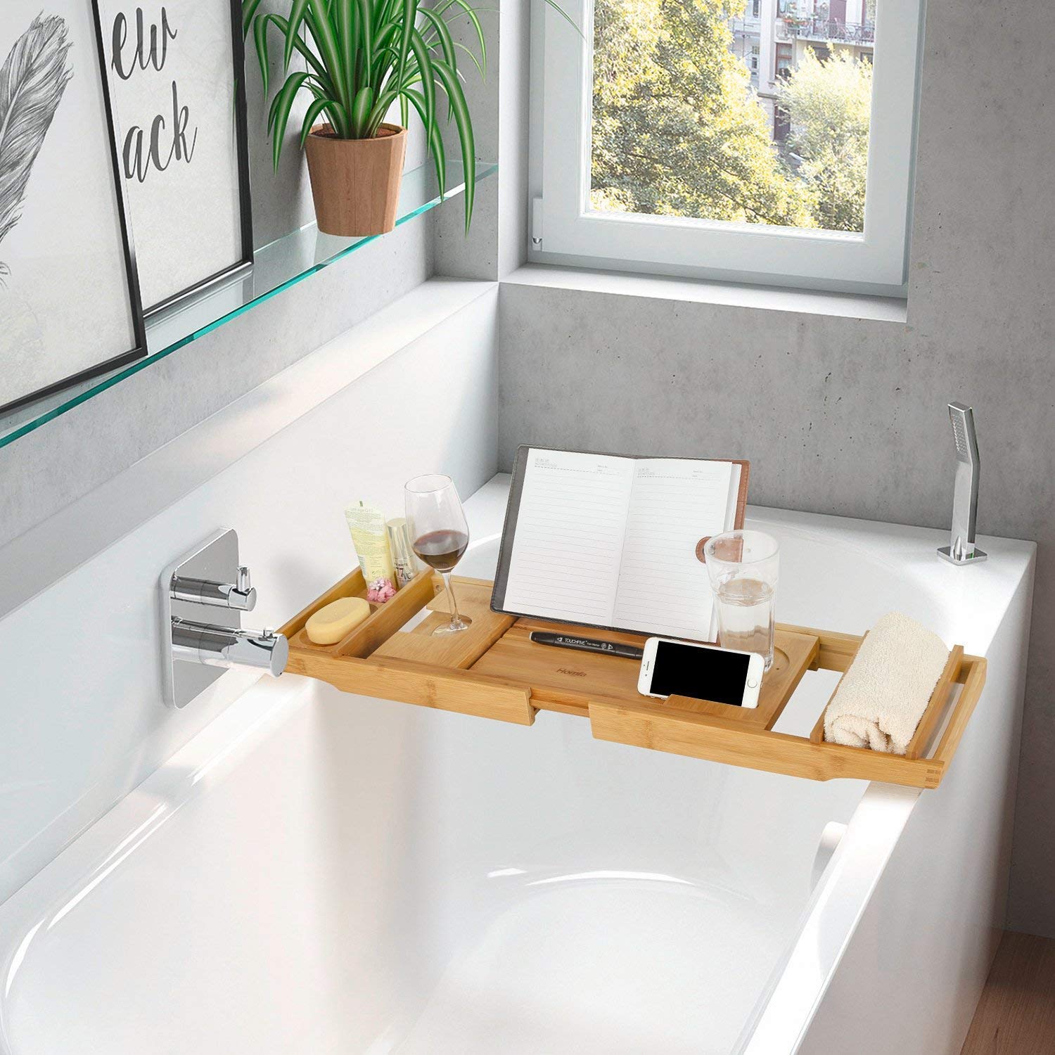 .amazon HOMFA Ripiano Mensola per Vasca da Bagno in Bambù, Porta Oggetti da Vasca Bagno con Supporto Allungabile in Legno Porta Libri, Tablet, Smartphone e Vino 108.5 x 22.5 x 4.5 cm