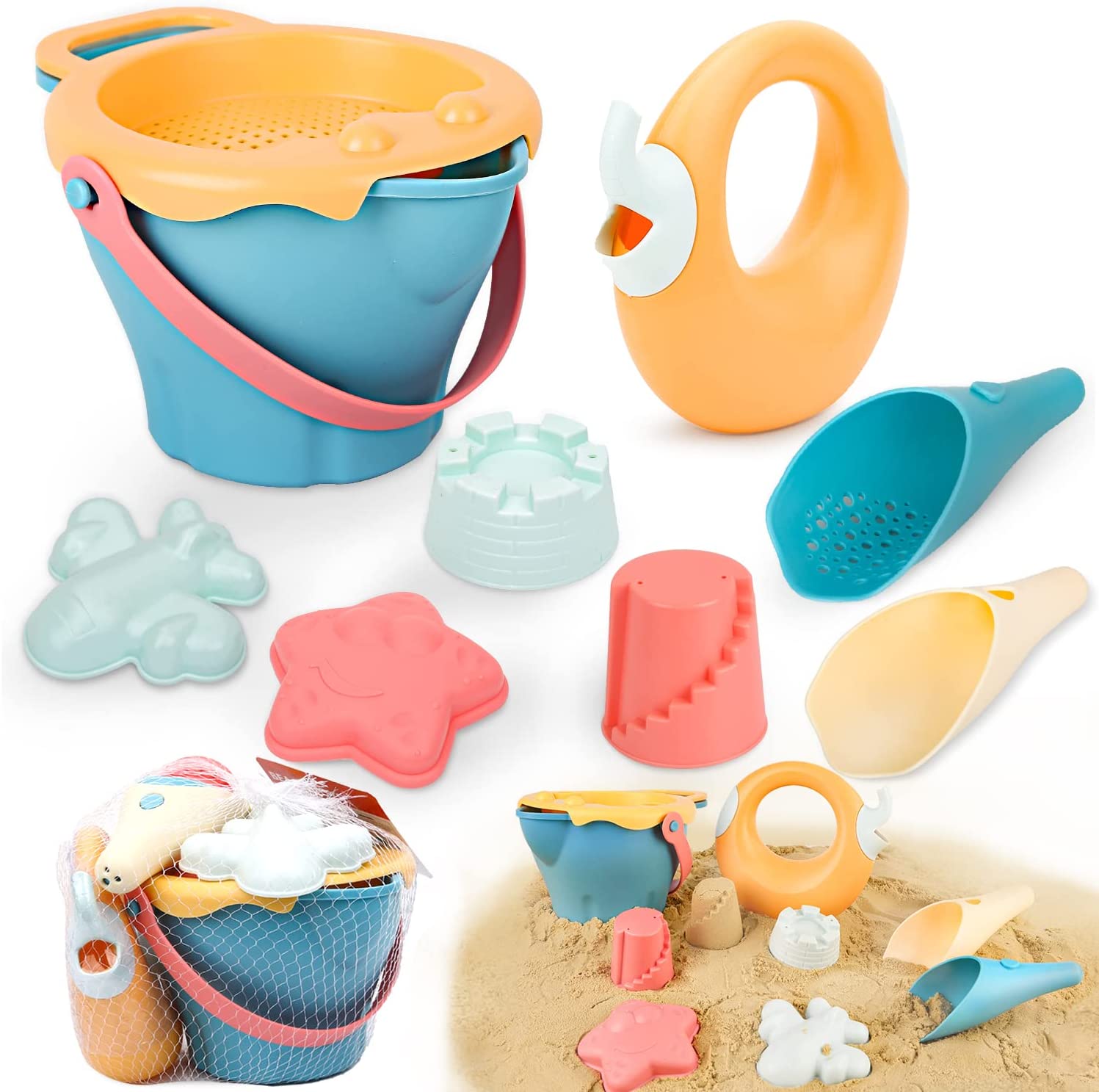 Giochi da Spiaggia Per Bambini 39 Pezzi, Giocattoli Sabbiera, Set Giochi Giardino Con Secchiello Mare 2L, 16'' Pallone Bambini Gonfiabile, Borsa Mare, Stampi Per Gelato, Gemme Con Confezione Regalo